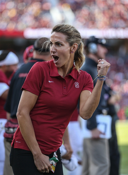 2013StanfordASU-020.JPG - Sept.21, 2013; Stanford, CA, USA; Former Stanford Cardinal NCAA Champion and Olympic gold medal swimmer, Summer Sanders, reacts during game against the Arizona State Sun Devils at Stanford Stadium. Stanford defeated Arizona State 42-28.